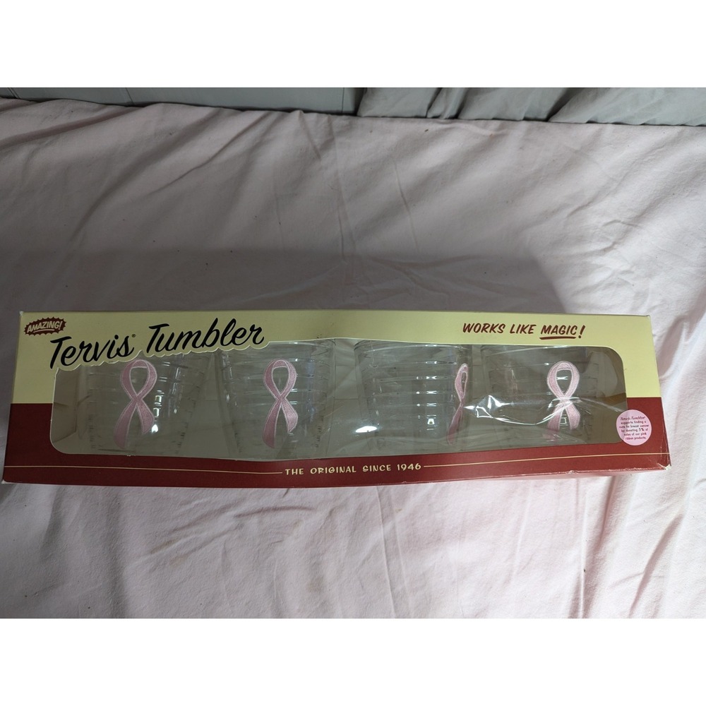 set 4 Tervis 12oz clear with Pink breast cancer awareness ribbon Tumbler cups